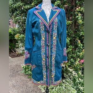 Johnny Was Cotton Teal Jacket with Red and Yellow Embroidery S